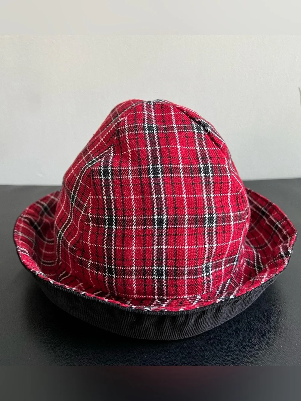 Kid’s Red Tartan Plaid & Black Corduroy Bucket Hat Child’s Cap